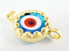 Translucent Blue Evil Eye Round Glass Connector Pendant - 22k Matte Gold Plated 1pc