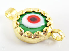 Green Evil Eye Round Glass Connector Pendant - 22k Matte Gold Plated 1pc