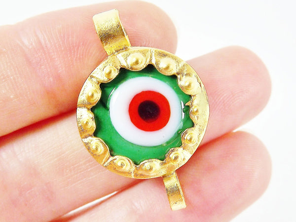 Green Evil Eye Round Glass Connector Pendant - 22k Matte Gold Plated 1pc