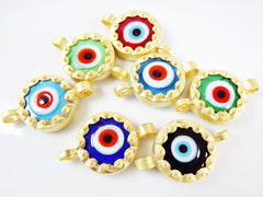 Pale Green Evil Eye Round Glass Connector Pendant - 22k Matte Gold Plated 1pc