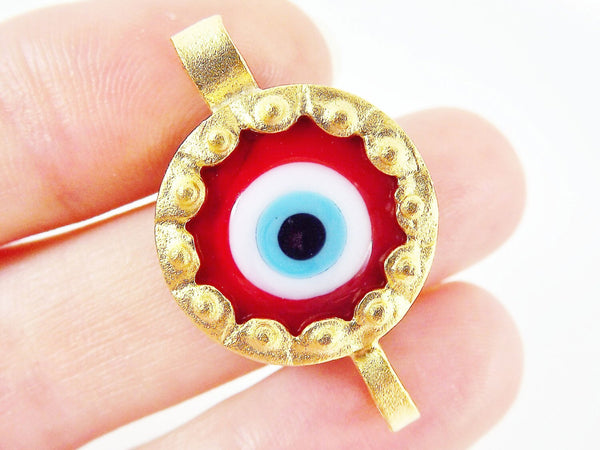 Red Blue Evil Eye Round Glass Connector Pendant - 22k Matte Gold Plated 1pc