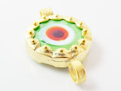 Pale Green Evil Eye Round Glass Connector Pendant - 22k Matte Gold Plated 1pc