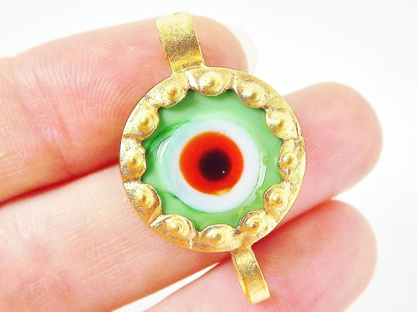 Pale Green Evil Eye Round Glass Connector Pendant - 22k Matte Gold Plated 1pc