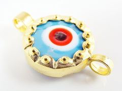 Sky Blue Evil Eye Round Glass Connector Pendant - 22k Matte Gold Plated 1pc