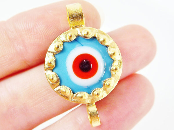 Sky Blue Evil Eye Round Glass Connector Pendant - 22k Matte Gold Plated 1pc