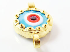 Sky Blue Evil Eye Round Glass Connector Pendant - 22k Matte Gold Plated 1pc