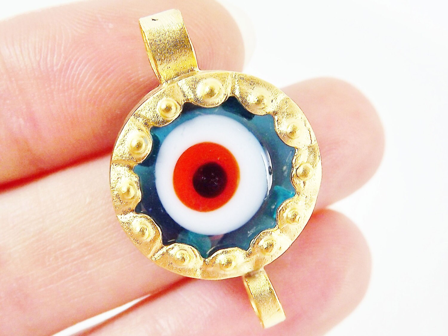 Translucent Blue Evil Eye Round Glass Connector Pendant - 22k Matte Gold Plated 1pc