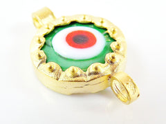 Green Evil Eye Round Glass Connector Pendant - 22k Matte Gold Plated 1pc