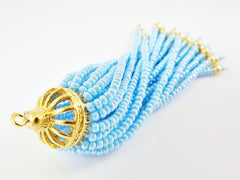 Long Sky Blue Beaded Tassel - 22k Matte Gold Plated Brass - 1PC