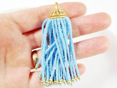 Long Sky Blue Beaded Tassel - 22k Matte Gold Plated Brass - 1PC