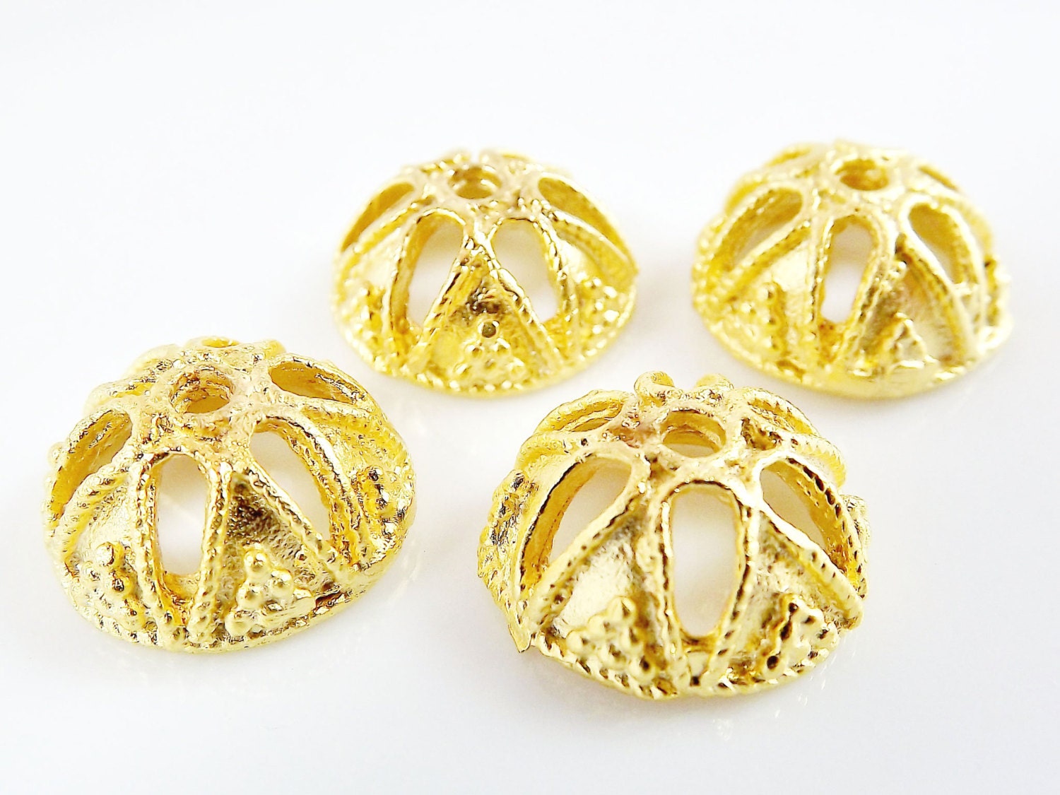 4 Tibetan Bali Style Bead End Caps -  22k Matte Gold Plated Round Bead caps