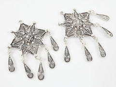 2 Delicate Exotic Filigree Chandelier Earring Component Pendants - Matte Silver Plated