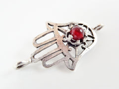 Hamsa Hand of Fatima Connector with Red Jade Stone - Matte Silver Plated