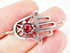 Hamsa Hand of Fatima Connector with Red Jade Stone - Matte Silver Plated