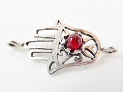 Hamsa Hand of Fatima Connector with Red Jade Stone - Matte Silver Plated