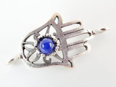 Hamsa Hand of Fatima Connector with Royal Blue Jade Stone - Matte Silver Plated