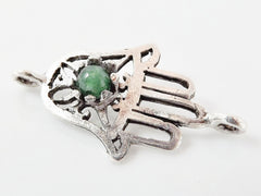 Hamsa Hand of Fatima Connector with Emerald Green Jade Stone - Matte Silver Plated