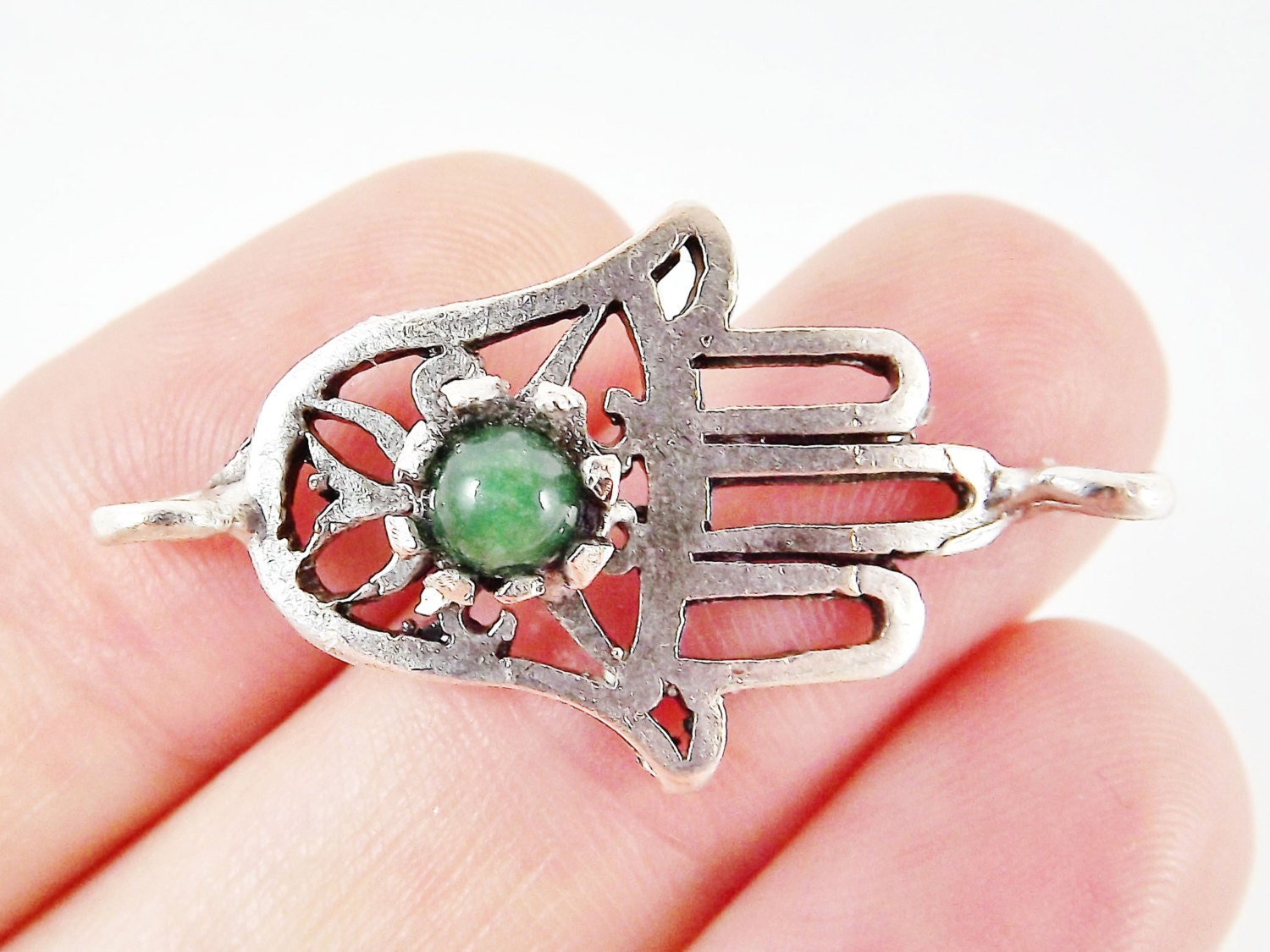 Hamsa Hand of Fatima Connector with Emerald Green Jade Stone - Matte Silver Plated