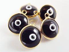 5 Black Evil Eye Nazar Artisan Glass Bead Charms - Gold Plated Brass Bezel