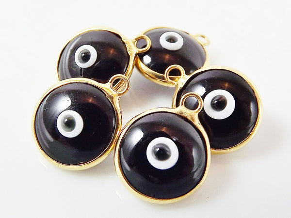 5 Black Evil Eye Nazar Artisan Glass Bead Charms - Gold Plated Brass Bezel