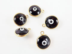 5 Black Evil Eye Nazar Artisan Glass Bead Charms - Gold Plated Brass Bezel