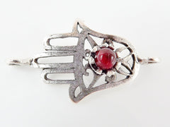 Hamsa Hand of Fatima Connector with Red Jade Stone - Matte Silver Plated