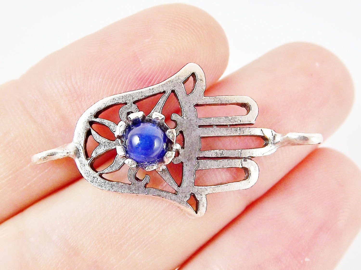 Hamsa Hand of Fatima Connector with Royal Blue Jade Stone - Matte Silver Plated
