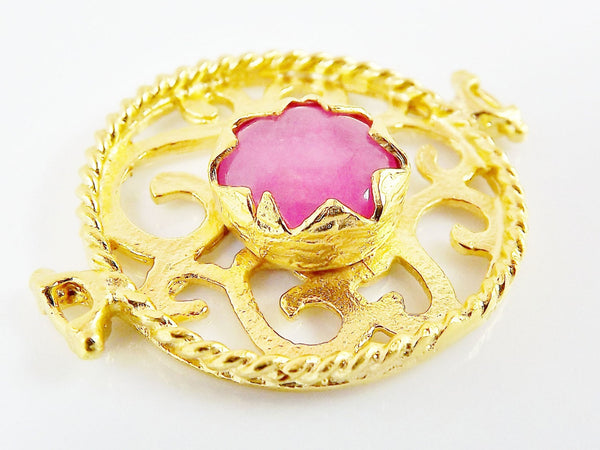 Pink Jade Stone Fretworked Circle Connector Pendant - 22k Matte Gold Plated - 1PC
