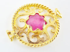 Pink Jade Stone Fretworked Circle Connector Pendant - 22k Matte Gold Plated - 1PC
