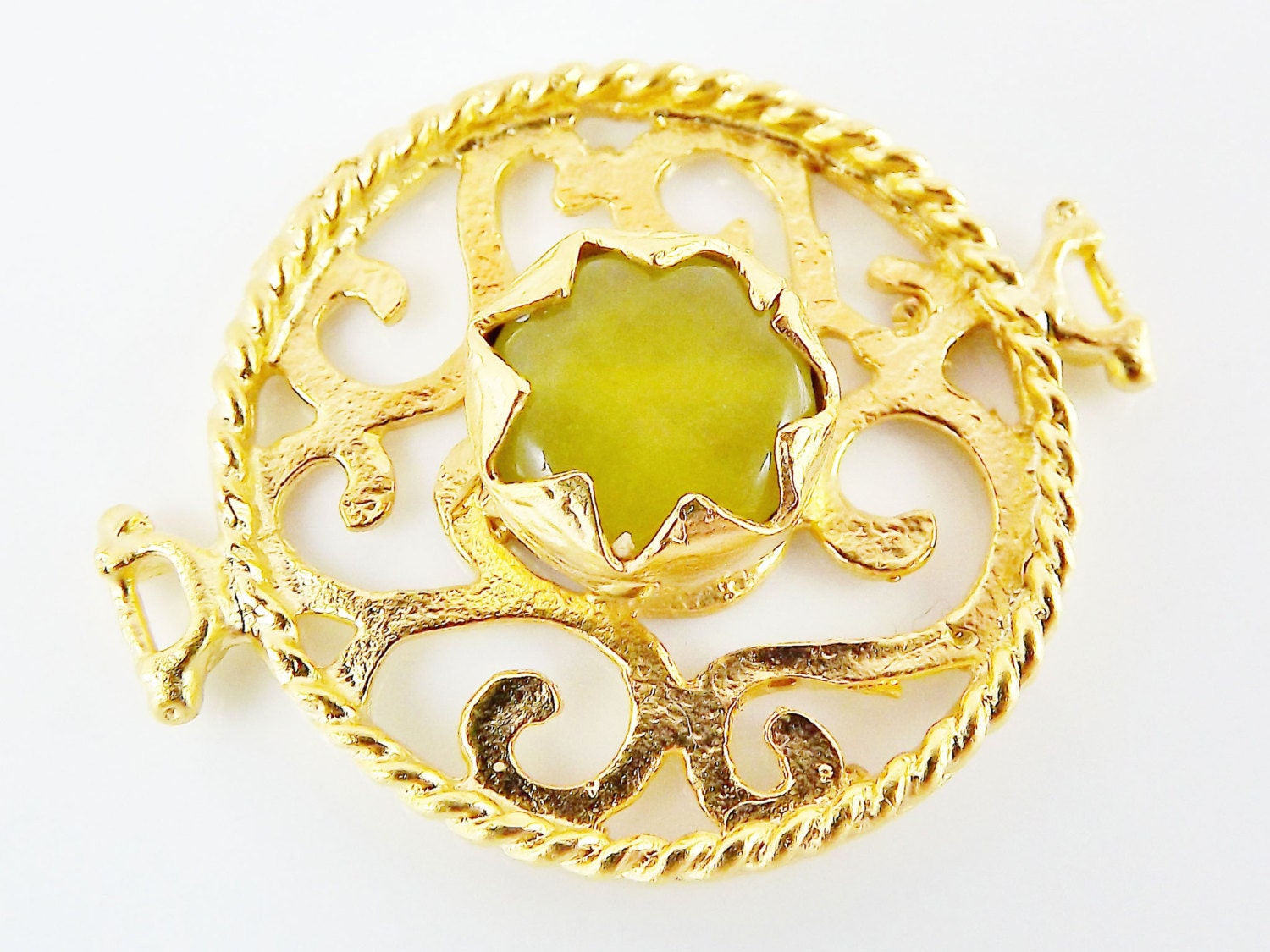 Lime Green Jade Stone Fretworked Circle Connector Pendant - 22k Matte Gold Plated - 1PC
