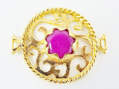 Violet Purple Jade Stone Fretworked Circle Connector Pendant - 22k Matte Gold Plated - 1PC