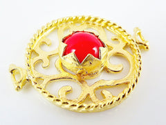 Red Stone Fretworked Circle Connector Pendant - 22k Matte Gold Plated - 1PC