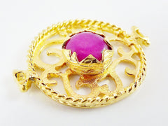 Violet Purple Jade Stone Fretworked Circle Connector Pendant - 22k Matte Gold Plated - 1PC