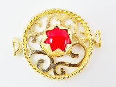 Red Stone Fretworked Circle Connector Pendant - 22k Matte Gold Plated - 1PC