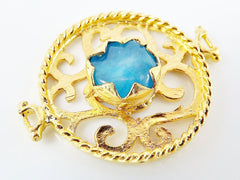 Blue Jade Stone Fretworked Circle Connector Pendant - 22k Matte Gold Plated - 1PC