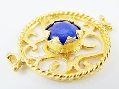 Royal Blue Jade Stone Fretworked Circle Connector Pendant - 22k Matte Gold Plated - 1PC