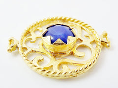 Royal Blue Jade Stone Fretworked Circle Connector Pendant - 22k Matte Gold Plated - 1PC