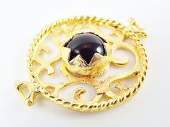 Black Jade Stone Fretworked Circle Connector Pendant - 22k Matte Gold Plated - 1PC