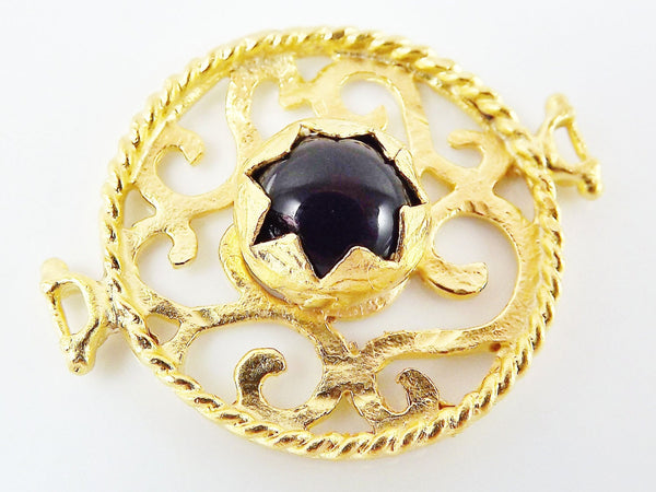 Black Jade Stone Fretworked Circle Connector Pendant - 22k Matte Gold Plated - 1PC