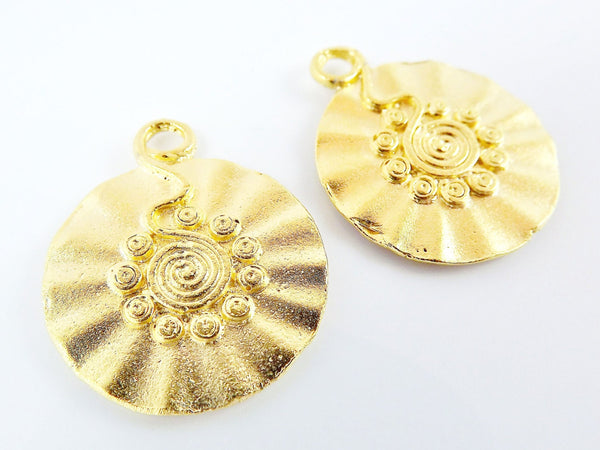 Tribal Spiral Wavy Disc Pendants - 22k Matte Gold Plated - 2PC