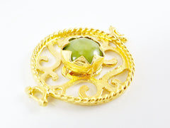 Apple Green Jade Stone Fretworked Circle Connector Pendant - 22k Matte Gold Plated - 1PC