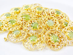 Apple Green Jade Stone Fretworked Circle Connector Pendant - 22k Matte Gold Plated - 1PC