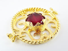 Brown Red Agate Stone Fretworked Circle Connector Pendant - 22k Matte Gold Plated - 1PC