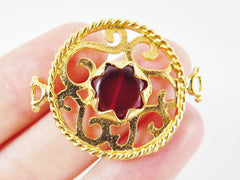 Brown Red Agate Stone Fretworked Circle Connector Pendant - 22k Matte Gold Plated - 1PC