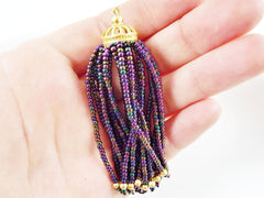 Long Purple Iris Beaded Tassel - 22k Matte Gold Plated Brass - 1PC