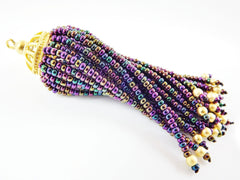 Long Purple Iris Beaded Tassel - 22k Matte Gold Plated Brass - 1PC