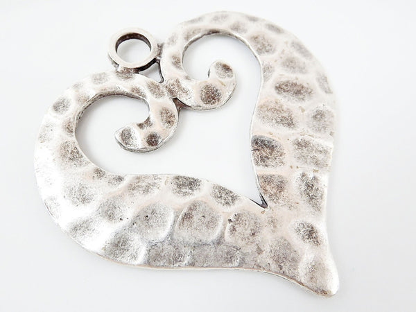 Large Silver Hammered Heart Pendant, Curled Heart Statement Pendant, Matte Silver Plated - 1PC