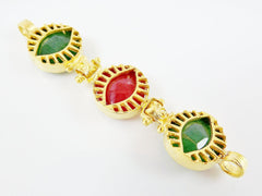 Trio Stone Eye Bracelet Connector - Emerald Green, Strawberry Red - 22K Matte Gold Plated No:10