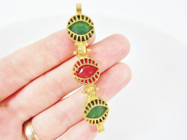 Trio Stone Eye Bracelet Connector - Emerald Green, Strawberry Red - 22K Matte Gold Plated No:10