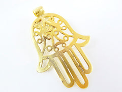 Gold Fretwork Hamsa Hand of Fatima Pendant with Turquoise Stone Accent, 22k Matte Gold plated 1pc